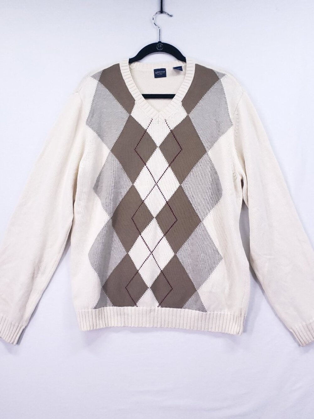 Arrow Men's Cream and Brown Argyle V Neck Sweater Size M Preppy Cotton